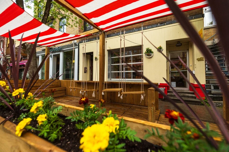 Terrasse en bois sous une voile rayée rouge et blanc, avec des balançoires suspendues en guise de sièges ; des œillets d'Inde jaunes et orangés fleurissent dans des bacs au premier plan.